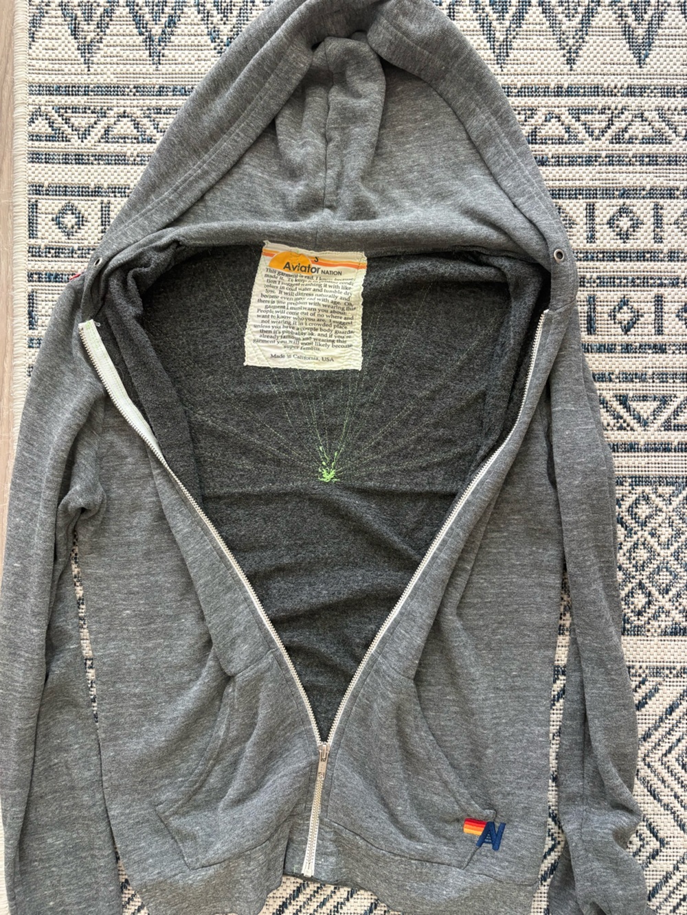 Aviator Nation Gray Zip Hoodie with Neon Rainbow Stitch Detail - Picture 3 of 5